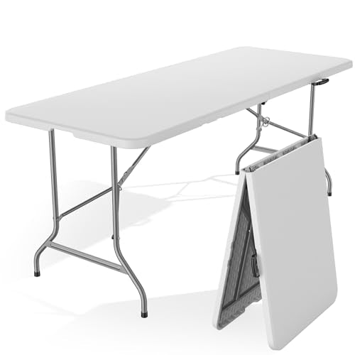 Sweetcrispy 6 FT Folding Picnic Table Easy to Fold and Store, Foldable Table for Camping Picnic Dining Party Kitchen Outdoor Indoor with Carrying Handle - color: White, size: 6 FT