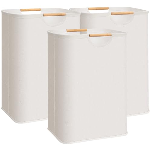 STORAGE MANIAC 3-Pack Large Laundry Hamper, 80L (21.1 Gal) Collapsible Laundry Basket with Bamboo Handles, Freestanding Waterproof Clothes Hamper for Laundry Room, Bedroom, Dorm, Towels, Beige - color: Beige, size: 85L x 3