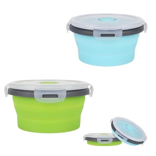 2pcs Collapsible Dog Bowls, Silicone Food & Water Travel Bowl with Lid Portable Expandable Pet Feeding & Drinking Cup/Saucer for Walking, Kennels, and Camping 350ml (Green, Blue) - color: Green, Blue