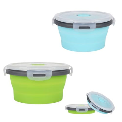 2pcs Collapsible Dog Bowls, Silicone Food & Water Travel Bowl with Lid Portable Expandable Pet Feeding & Drinking Cup/Saucer for Walking, Kennels, and Camping 350ml (Green, Blue) - color: Green, Blue