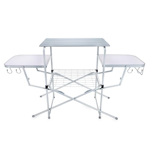 Camco Olympian Deluxe Portable Grill Table - Provides Plenty of Room for Grilling Gear While Camping - Folding Grilling Table Collapses for Compact Storage - Supports Up to 100lb (57293)