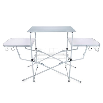 Camco Olympian Deluxe Portable Grill Table - Provides Plenty of Room for Grilling Gear While Camping - Folding Grilling Table Collapses for Compact Storage - Supports Up to 100lb (57293)