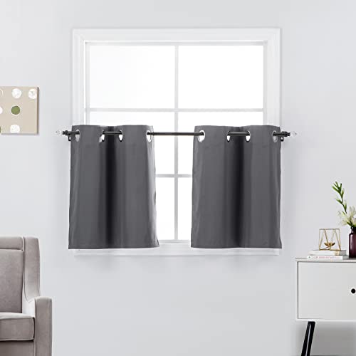 Diamond Home Linens 2 Short Panels 100% Blackout Window Treatments Tier Curtains 24 inch Length with Grommets for Kitchen Decor, Basement, Bathroom or Any Small Window, Dark Gray - color: Dark Grey, size: 27"W x 24"L (Pack of 2)