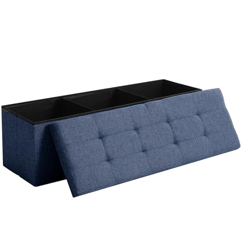 45.3 Inches Ottoman Bench With 166L Storage Space - Foldable Seat Footrest Shoe Bench for End of Bed - Flipping Lid, Linen Fabric, Navy - color: Navy, size: 45.3" Flip