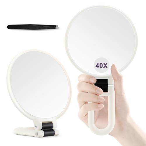 B Beauty Planet 40X Magnifying Mirror, Hand Mirror with Handle, Double Sided Hand Mirror with 40X/1X Magnification, Travel Essential Portable Foldable Makeup Mirror for Precision Makeup White - color: White40x