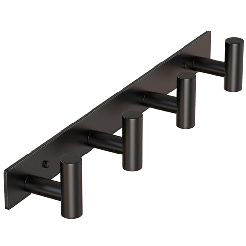 HUFEEOH Coat Rack Wall Mount, Black T Shaped 4 Hooks Coat Hooks for Bathroom, Heavy Duty Wall Hooks Towel Hooks for Hanging, Stainless Steel Purse Hanger Towel Rack for Mudroom Bathroom Entryway - color: Black, size: 1 Pack "T" shape 4 hooks