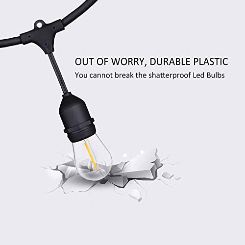 48FT Outdoor String Lights LED Heavy-Duty Waterproof Patio Lights with 16 Shatterproof Plastic 2200K Warm White Bulbs for Patio Gazebo Pergola Cafe Market Bistro - size: 48FT