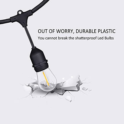 48FT Outdoor String Lights LED Heavy-Duty Waterproof Patio Lights with 16 Shatterproof Plastic 2200K Warm White Bulbs for Patio Gazebo Pergola Cafe Market Bistro - size: 48FT