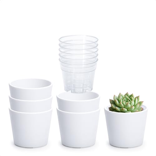 Phoenix Vine 3.5 Inch White Plastic Cachepot with Clear Nursery Pot, Decorative Lightweight Planter Cover with Transparent Inner Pot for Indoor Houseplants, Pack of 6, 24-A-D-6 - color: Matte White, size: 3.5" (6 Pack)