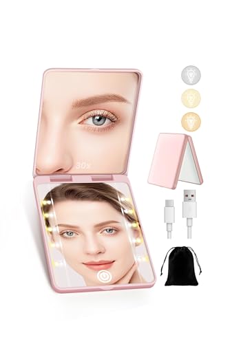 Compact Mirror, Rechargeable 30X Magnifying Mirror with 3 Lighting Modes & Dimmable Brightness, Portable Travel Makeup Mirror with Light, Essentials for Travel, Pocket, Purse Pink - color: Pink