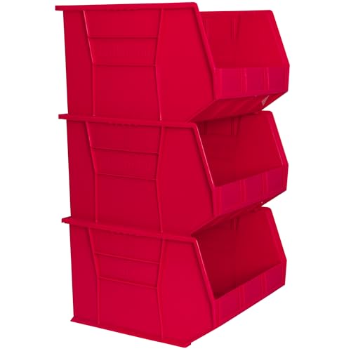 Akro-Mils 30270 AkroBins Plastic Storage Bins, Space-Saving Stackable Bins for Garage, Pantry, Craft Organization, 18" x 16" x 11", Red, 3-Pack - color: Red