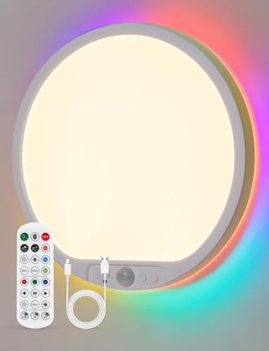 Combuh Rechargeable Battery Operated Ceiling Light for Shower Inside Wireless, 105 Day Battery Life Powered 11.8Inch Bright Waterproof Magnetic RGB Overhead Lighting without Wiring for Closet Bathroom - color: RGB Backlight-10000mAh, size: 1 Pack