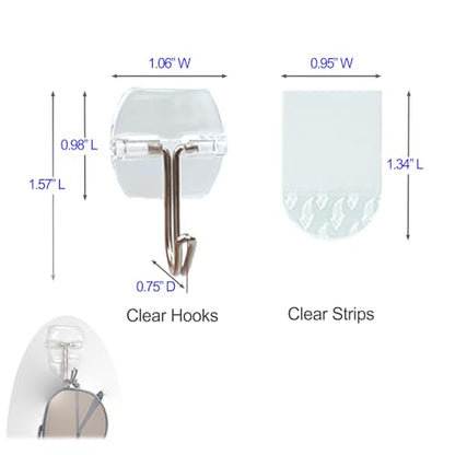 15 Clear Small Wall Hooks with 20 Strips for Hanging, Wire Toggle Hooks for Walls No Damage, Utility Hooks Heavy Duty with Adhesive Strips for Hanging Decorations in Living Spaces, No Tools.