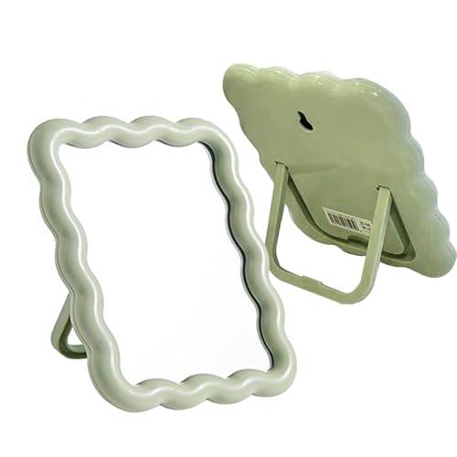 Table Makeup Mirrors Wavy Irregular Mirror Cloud for Desk Tabletop Vanity Mirror Hanging Wall Mirrors Desk Mirror with Bracket Home Decor Aesthetic Mirrors for Living Room Bedroom (Green) - color: Green