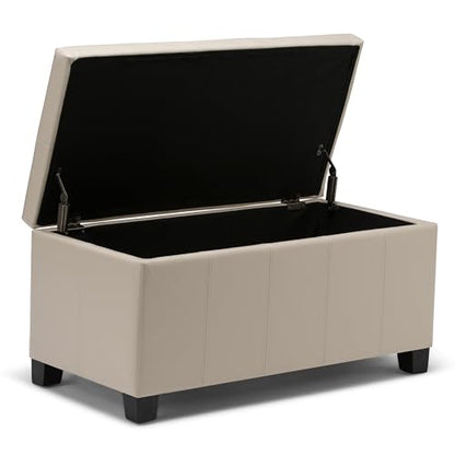 SIMPLIHOME Dover Storage Ottoman Bench - 36 inch Wide Upholstered Vegan Leather Rectangular Lift-Top Ottoman in Satin Cream, Contemporary Bench for Living Room with Safety Hinges - color: Satin Cream