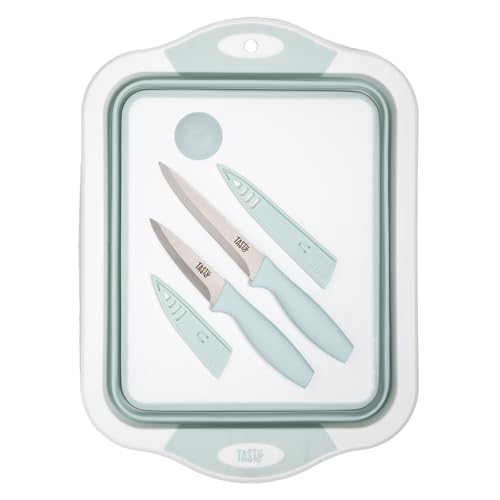 Tasty Multifunctional Cutlery Set, Includes Cutting Board with Built-In 7.5-Quart Collapsible Tub, Utility and Paring Knives, Space Saving Design, 3-Piece Set, Dishwasher Safe