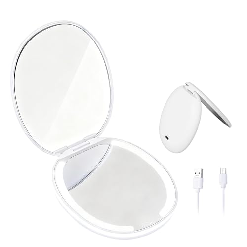 Compact Makeup Mirror, Portable 1X 5X Magnifying Makeup Mirror with LED Light, White Small Foldable USB Rechargeable Travel Lighted Make Up Mirrors with 3 Color Lighting Magnification for Purse Pocket - color: White