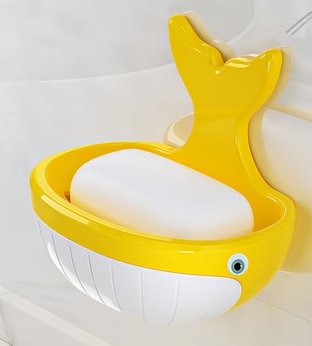 Soap Holder Shower Dish bar Wall Bathroom Shampoo Dishes Caddy Mounted Sponge Adhesive Tray Bath Shelf Draining Dishes Cute Whale Design Bathtub Kitchen Sink jabonera para baño，Yellow - color: B-yellow