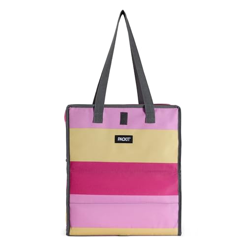 PackIt Freezable Grocery Tote, Pink Stripe, Built with EcoFreeze Technology, Foldable, Collapsible, Reusable, Zip Closure, Dual handles, Great for Transporting Fresh Groceries - color: Pink Stripe