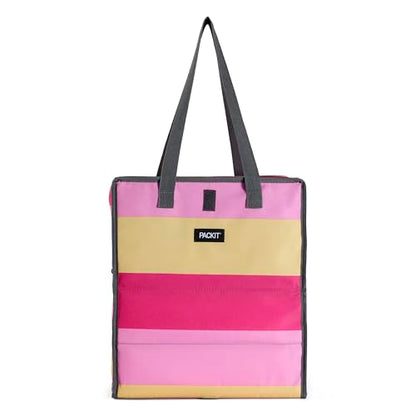 PackIt Freezable Grocery Tote, Pink Stripe, Built with EcoFreeze Technology, Foldable, Collapsible, Reusable, Zip Closure, Dual handles, Great for Transporting Fresh Groceries - color: Pink Stripe