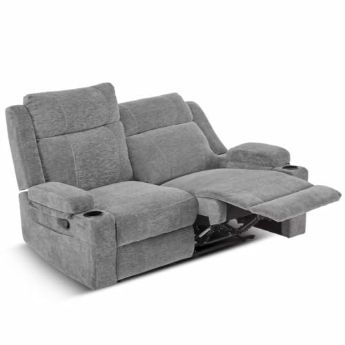 Manual Recliner Loveseat Sofa, Space-Saving Double Reclining Couch with Cup Holders & Storage Pockets, Compact 2-Seater Recliner for Living Room, Home Theater & RV (Grey) - color: Grey, size: 2 Seat