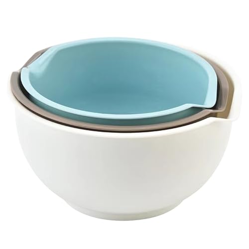 Nesting Plastic Mixing Bowls, Set Of 3, 1.5 quart, 2 quart, 2.5quart, Nesting Bowls with Non Slip Base and Easy Pour Spout, Dishwasher Safe - color: Blue Grey white