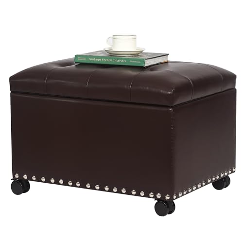 Joveco Leather Storage Ottoman with 360° Caster Wheels 24" Foot Rest Bench Rectangle Ottomans Stool for Living Room Bedroom (Brown, Wheels) - color: Brown With Casters
