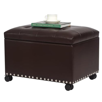 Joveco Leather Storage Ottoman with 360° Caster Wheels 24" Foot Rest Bench Rectangle Ottomans Stool for Living Room Bedroom (Brown, Wheels) - color: Brown With Casters