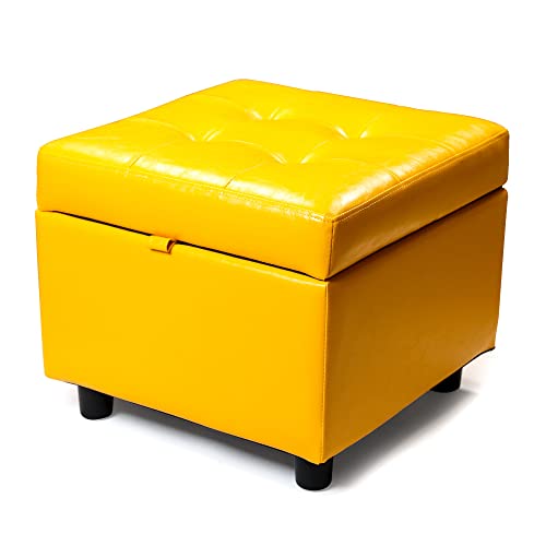H&B Luxuries Tufted Leather Square Flip Top Storage Ottoman Cube Foot Rest - color: Yellow With Storage