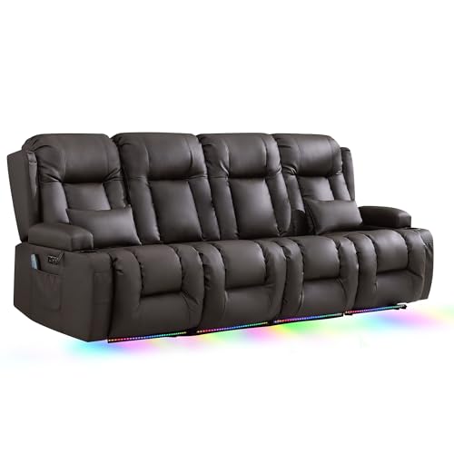 TUNYI Power Loveseat Recliner Sofa with Massage & Heat Home Theater Seating with Console RV Recliner Loveseat Sofa with USB/Storage/Side Pocket/LED Light/Speaker (Brown, 4 Seat) - color: Brown, size: 4 Seat