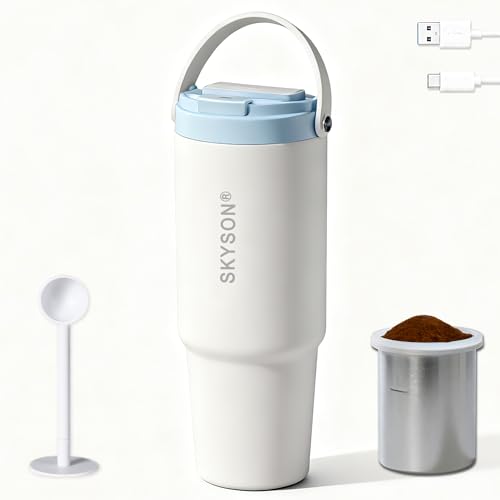 minkah Fast Extraction Mini Electric Coffee Maker - Portable Filter Coffee Brewer for Travel,Insulated Stainless Steel Tumbler,30 oz Reusable Iced Coffee Cup Machine,Hot Coffee Mug with Lid (White) - color: White, size: 30 Ounces