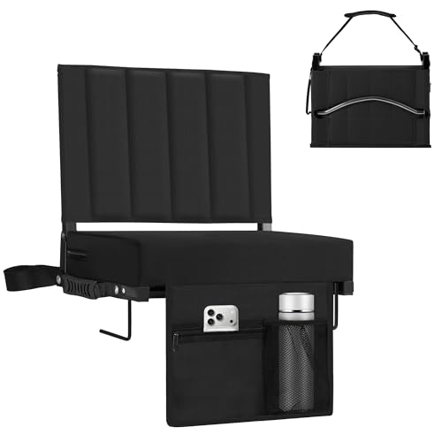 Stadium Seat for Bleachers with Back Support, Portable Bleacher Seat with Wide Comfy Padded Cushion, Metal Hook, Folding Stadium Chair with Shoulder Strap, Carry Handle, Cup Holder, Black - color: Black