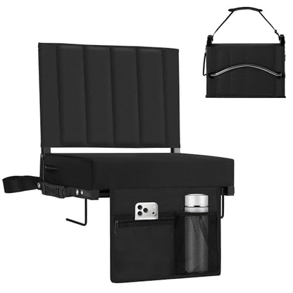 Stadium Seat for Bleachers with Back Support, Portable Bleacher Seat with Wide Comfy Padded Cushion, Metal Hook, Folding Stadium Chair with Shoulder Strap, Carry Handle, Cup Holder, Black - color: Black
