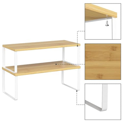 NEX Kitchen Cabinet and Counter Shelf Organizer, Stackable & Expandable, Set of 4, White and Natural - 7.7 x 15.6 x 6.2'' - color: Cloud White + Natural Beige, size: 15.6''W