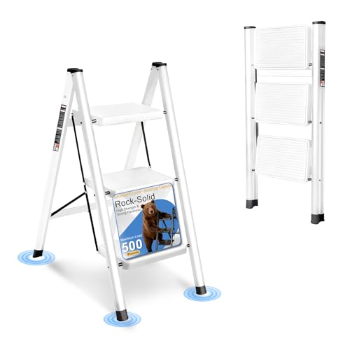 3 Step Ladder Folding Step Stool Sturdy Carbon Steel Frame | 500LBS Capacity Sturdy Anti-Slip Thick Pedal & Feet Portable for Home Kitchen Garage(white-3step) - color: White, size: 3 step