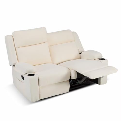 Manual Recliner Loveseat Sofa, Space-Saving Double Reclining Couch with Cup Holders & Storage Pockets, Compact 2-Seater Recliner for Living Room, Home Theater & RV (Beige) - color: Beige, size: 2 Seat
