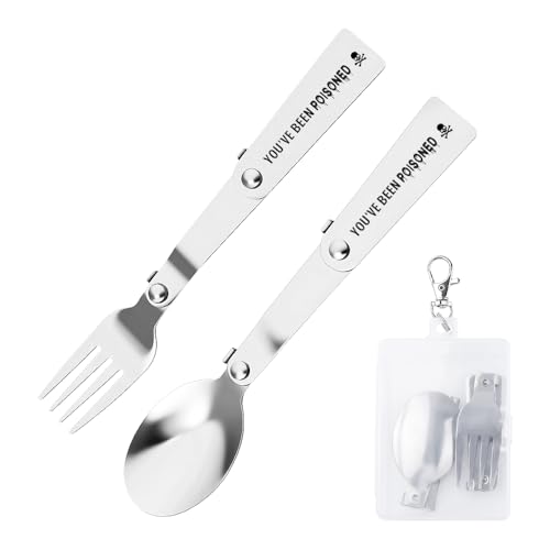 Foldable Spoon and Fork Set with Case Funny Gag Gifts You Have Been Poisoned Travel Cutlery Set Birthday Christmas Gifts for Women Men Stocking Stuffers Folding Fork Spoon Utensils for Outdoors Picnic - color: You've Been Poisoned