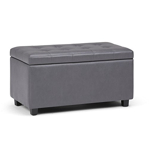SIMPLIHOME Cosmopolitan Storage Ottoman - 34 inch Wide Upholstered Vegan Leather Rectangle Storage Ottoman Bench in Stone Grey, Transitional Tufted Ottoman for Living Room or Entryway with Lift-Up Lid - color: Stone Grey