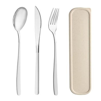 Travel Utensils with Case, 4pc Reusable Utensils Set with Case, Camping Utensil Set, Portable Silverware Lunch Utensils Set for Work Camping School (Beige) - color: Beige