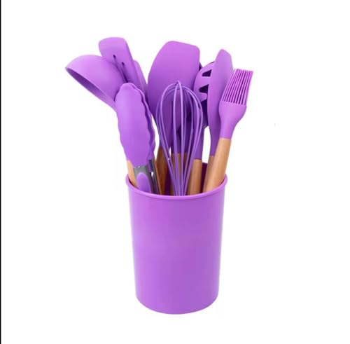 Silicone Kitchen Utensil Set with Wooden Handles – 12 Pieces + Holder, Heat Resistant, Non-Stick Cooking Tools (Multiple Colors (purple) - color: Purple