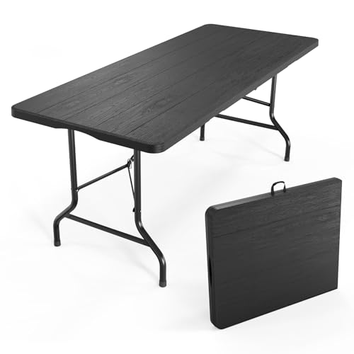 VINGLI 6 Foot Plastic Folding Table Portable Long Table for Indoor Outdoor Use Rectangular with Carrying Handle, Tree Patterned HDPE Tabletop, Black - color: Black, size: 6 ft