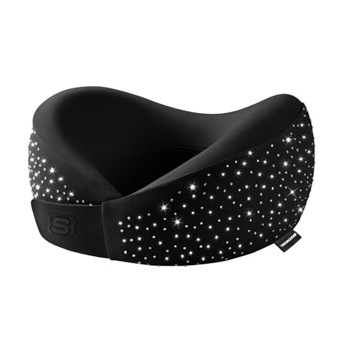 Skechers Shining Rhinestone Neck Pillow for Traveling,Memory Foam Bling Diamond Travel Neck Pillow for Airplane Travel Pillow for Flight Headrest Sleep, Portable Plane Accessories,Black - color: Black