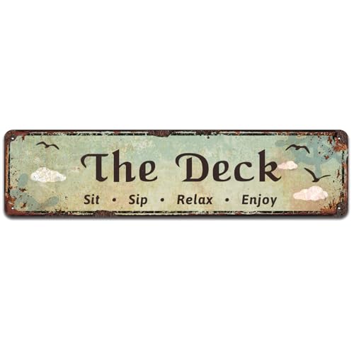 The Deck - Sit, Sip, Relax, Enjoy Metal Sign, Outdoor Living, Porch, Patio, Deck, Tin Signs 4 x 16 Inches - color: V-105