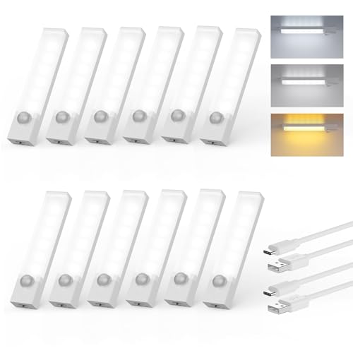 Under Cabinet Lighting 4 Inches Rechargeable Motion Sensor Light Indoor, 3 Color Dimmable Closet Light Battery Operated, USB Stick on LED Magnetic Under Counter Lights for Kitchen Stair,12 Packs - size: 4inch-12pack