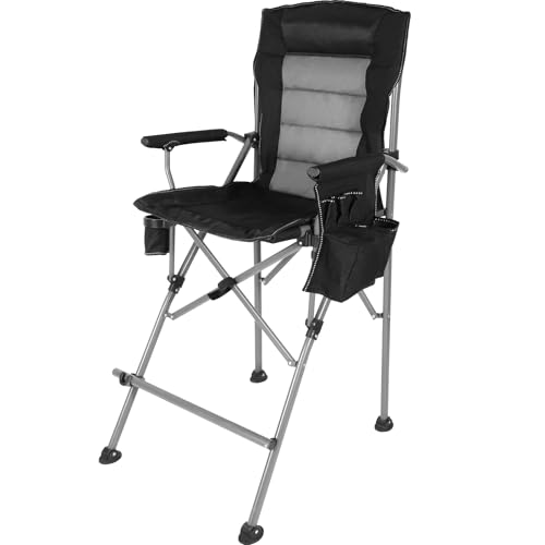 Extra Tall Folding Chairs for Adults 330lbs, Portable Bar Height Foldable Director Chairs for Camping Outside, Comfortable with Makeup Pocket, High Back and Footrest, Black - color: Black