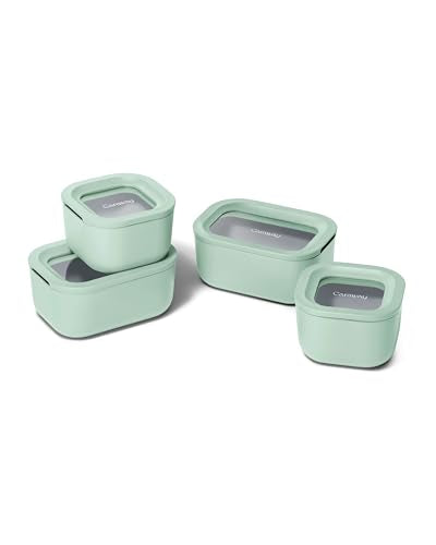 Caraway Mini Food Storage 9pc Set - Glass Storage Containers for Food - Non-Toxic Ceramic-Coated Glass - Air Release Technology - Compact & Stackable Design - Mist - color: Mist, size: Mini Food Storage Set (9x)