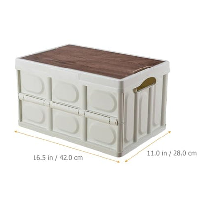 PRETYZOOM Foldable Outdoor Storage Box with Wooden Lid Medium White, Large-capacity Clothes Organizer and Camping Storage Container for Vehicle and Home Use