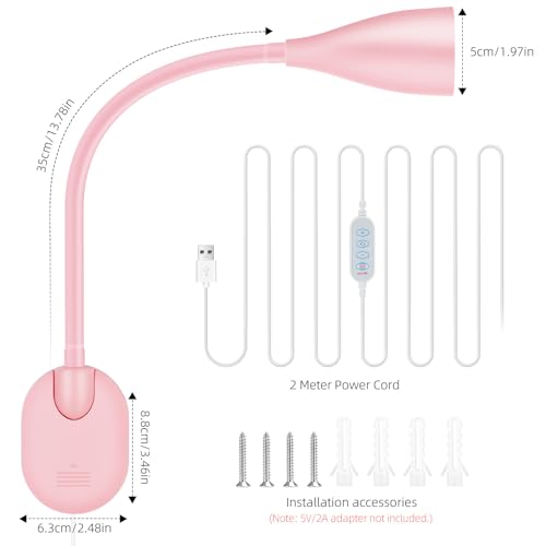 LED Wall Mounted Bedside Reading Light, 3 Color Modes,10 Brightness Dimmable, USB Charging Port, Adhesive Wall Lamp Night Light for Books in Bed, Flexible Neck Eye-Caring Bedroom Lighting Pink - color: Pink