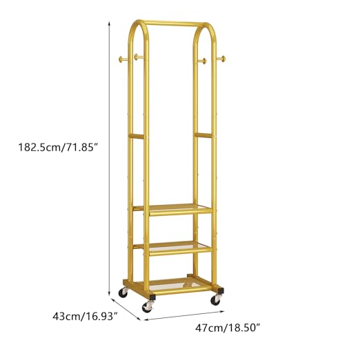 Dttwacoyh Metal Clothing Rack with Wheels and Hanging Hooks,Narrow Coat and Shoe Rack,Small Hall Tree,for Small Space, Bedroom, entryway, Walk-in Closet, Laundry Room-Gold - color: Gold