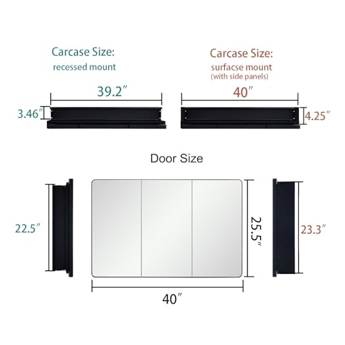 IDYLLOR Black Bathroom Medicine Cabinet with Round Corner Framed Door, 40 x 25.5 inch, Recessed or Surface Mount, with Adjustable Glass Shelves - size: 40 x 25.5 inch
